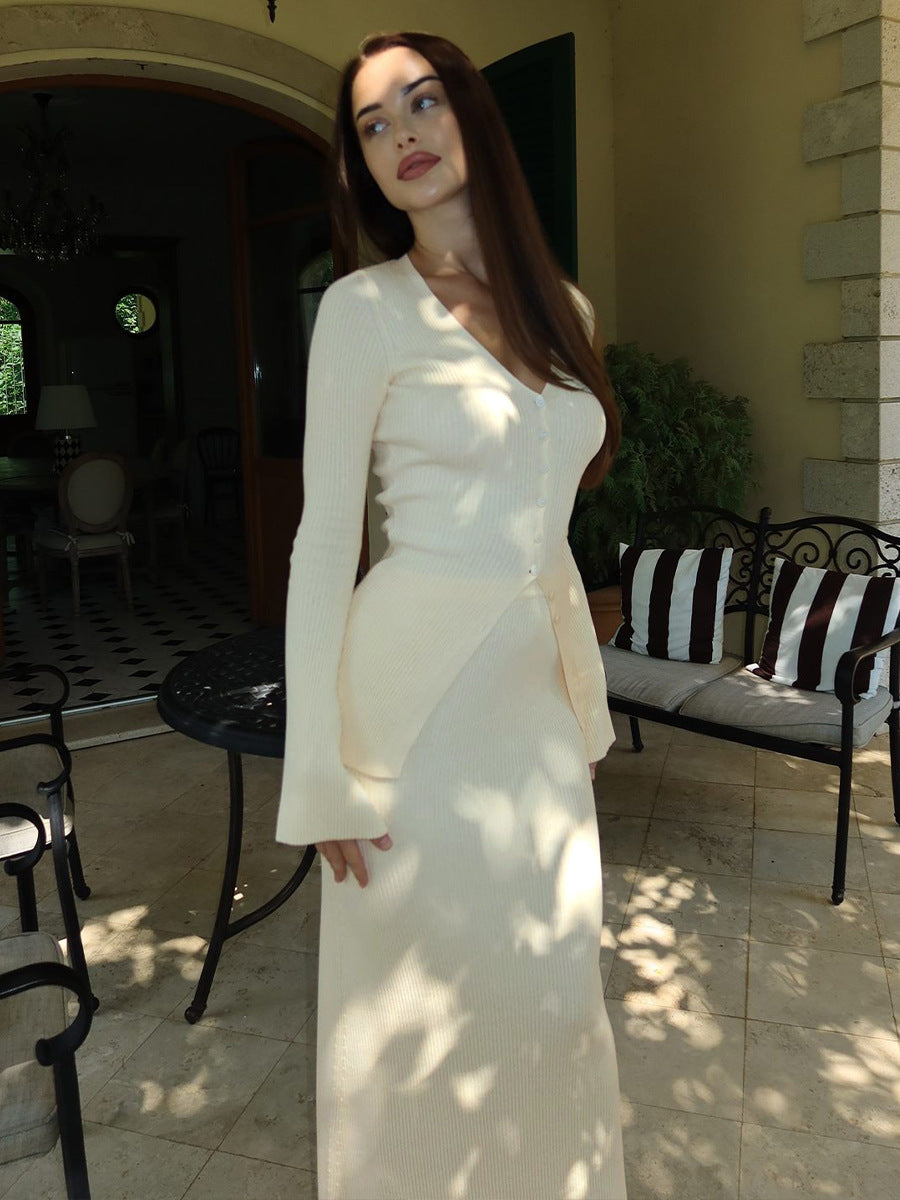 Ribbed V-Neck Button Cardigan & Fitted Knit Maxi Skirt Set in Ivory — full-length front view on model
