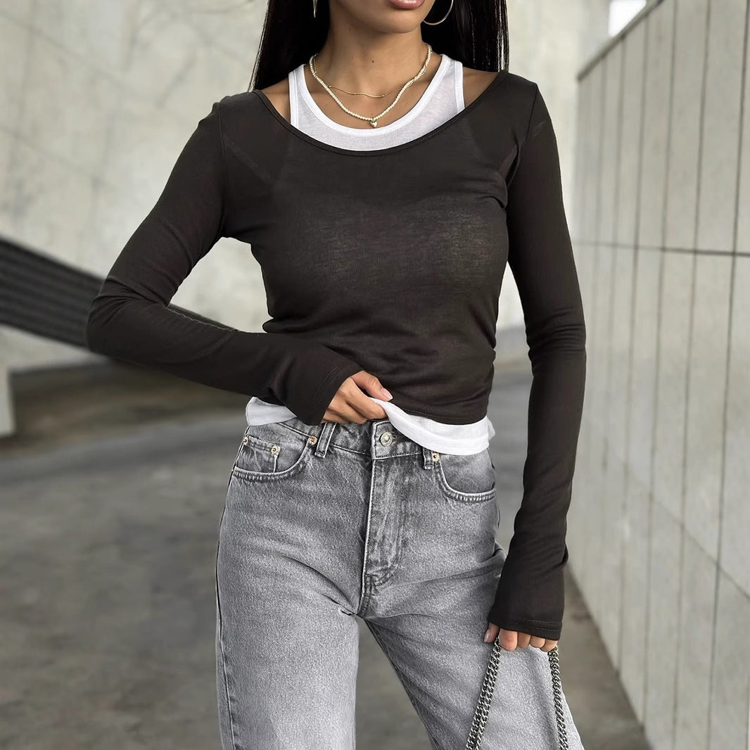 Layered-Look Scoop Neck Long-Sleeve Top in Charcoal — close view on model