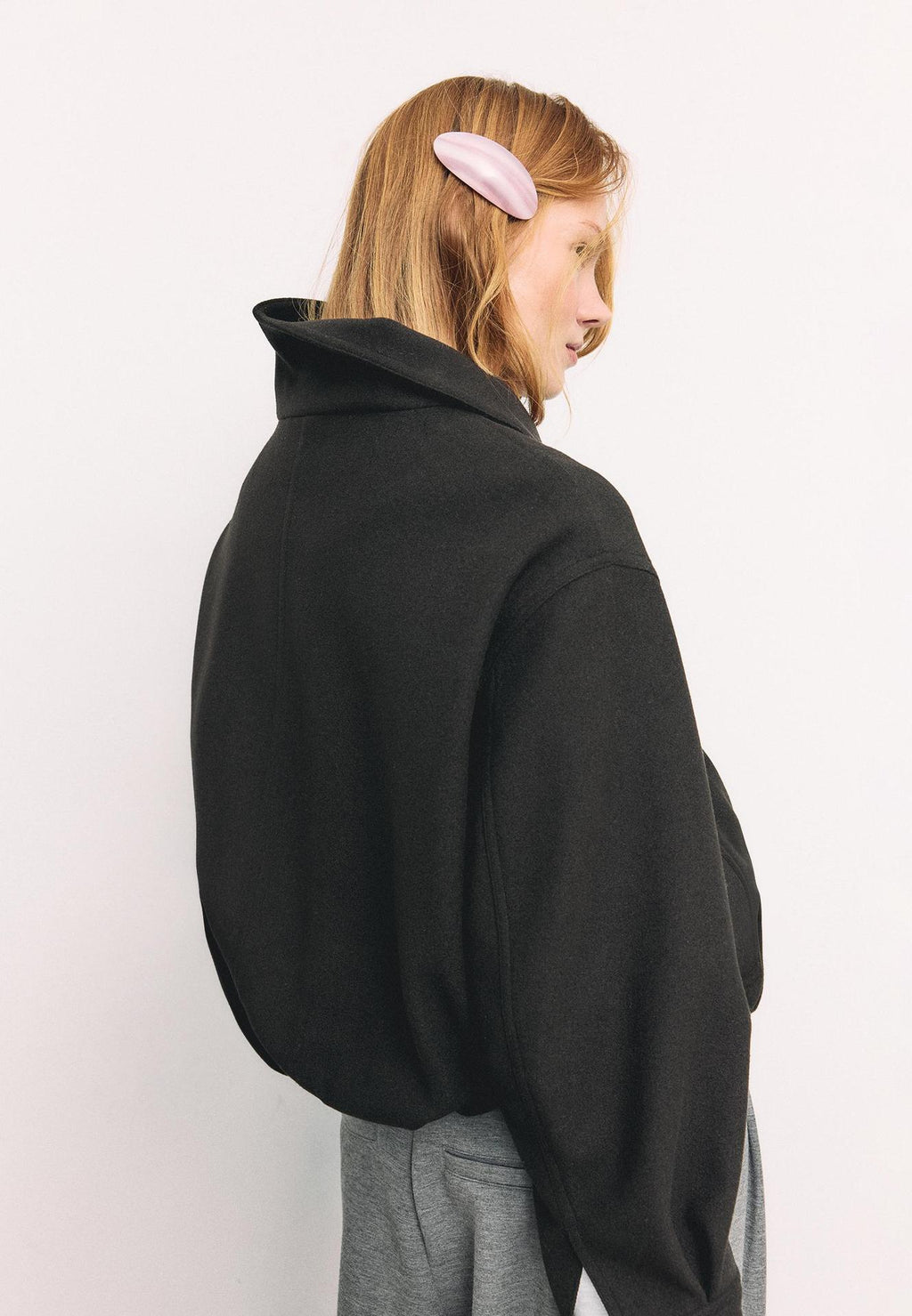 Funnel Neck Wool-Look Jacket with Buckle Hem Strap in Black — back view on model