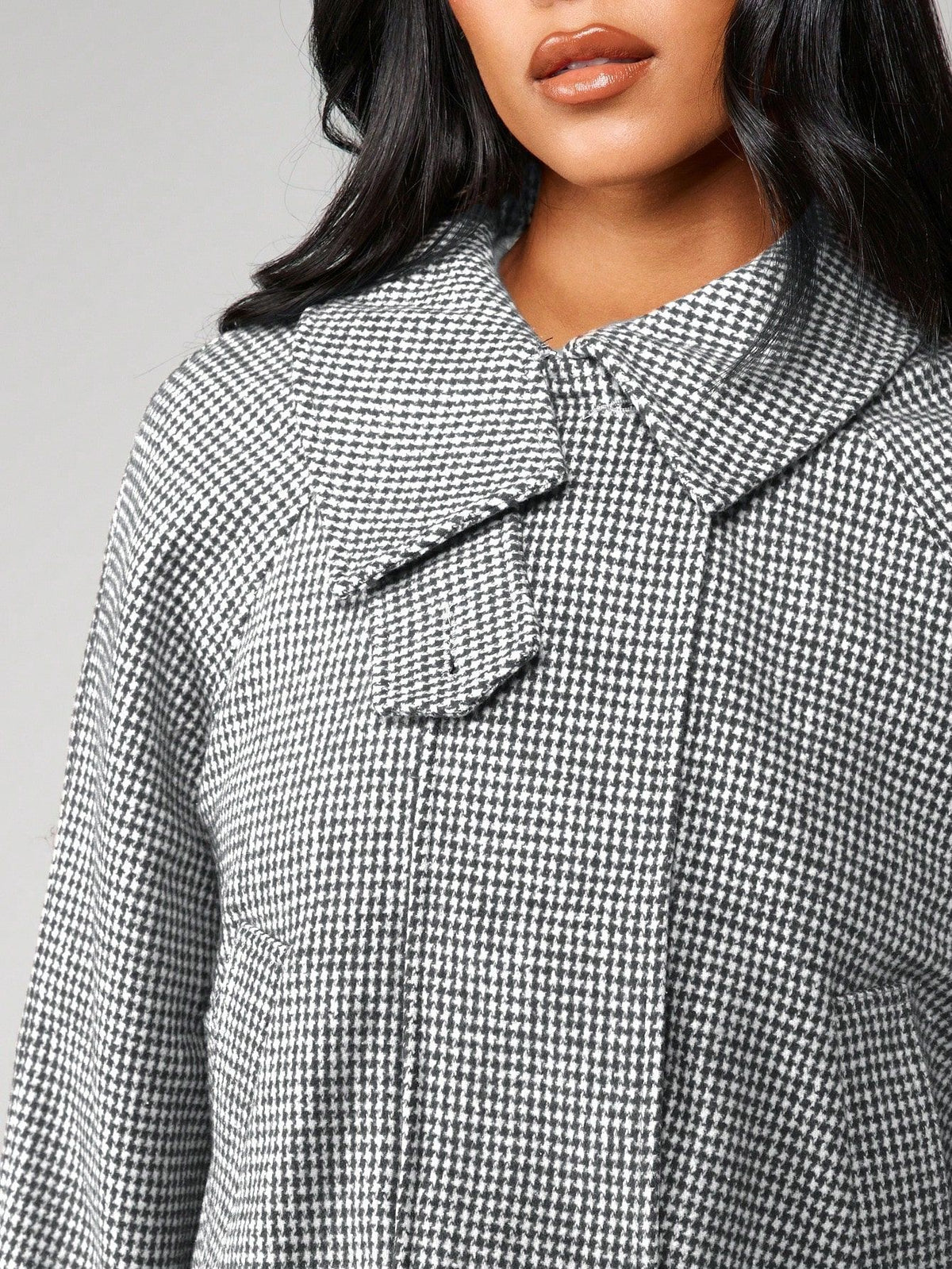Cropped Houndstooth Jacket with Buttoned High Collar in Gray Houndstooth — close-up of the collar and concealed placket