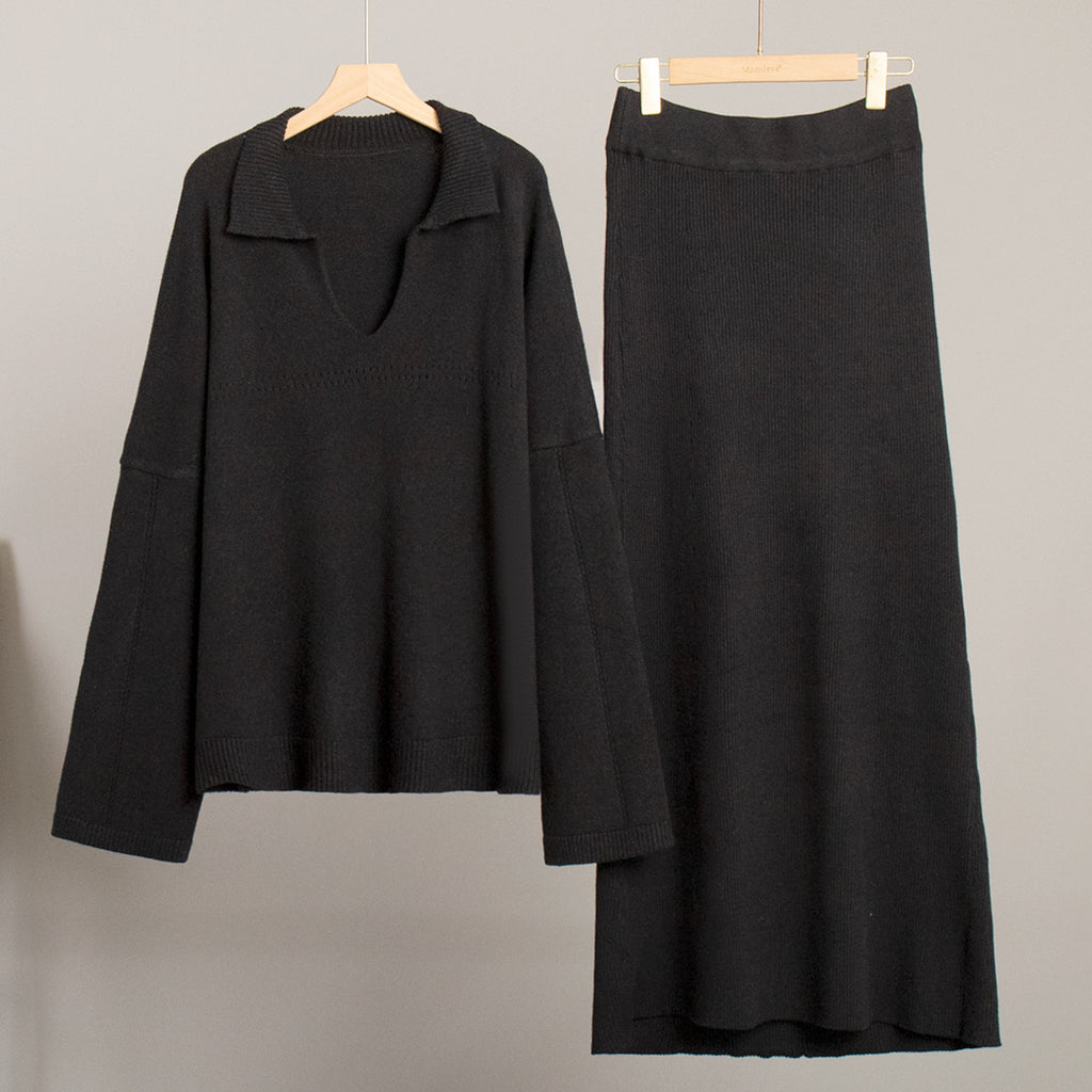 Oversized Collared V-Neck Sweater & Knit Maxi Skirt Set in Black — set on hanger