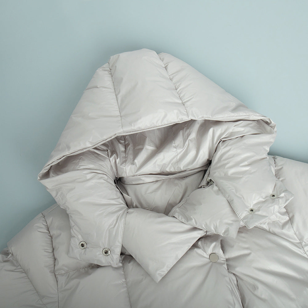 Cropped Hooded Puffer Jacket with Drawstring Hem in Light Gray — close-up of the attached hood