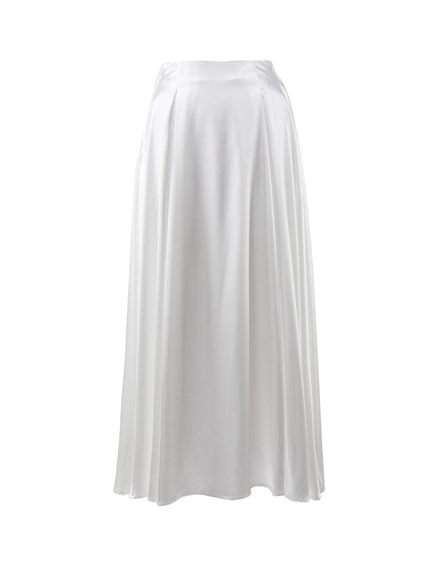 Satin A-Line Midi Skirt with Elastic Waist in Ivory White — flat view