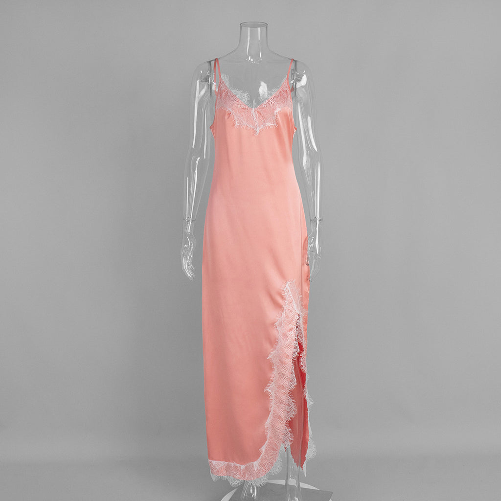 Lace-Trim Satin Maxi Slip Dress in Coral Pink — front view on mannequin