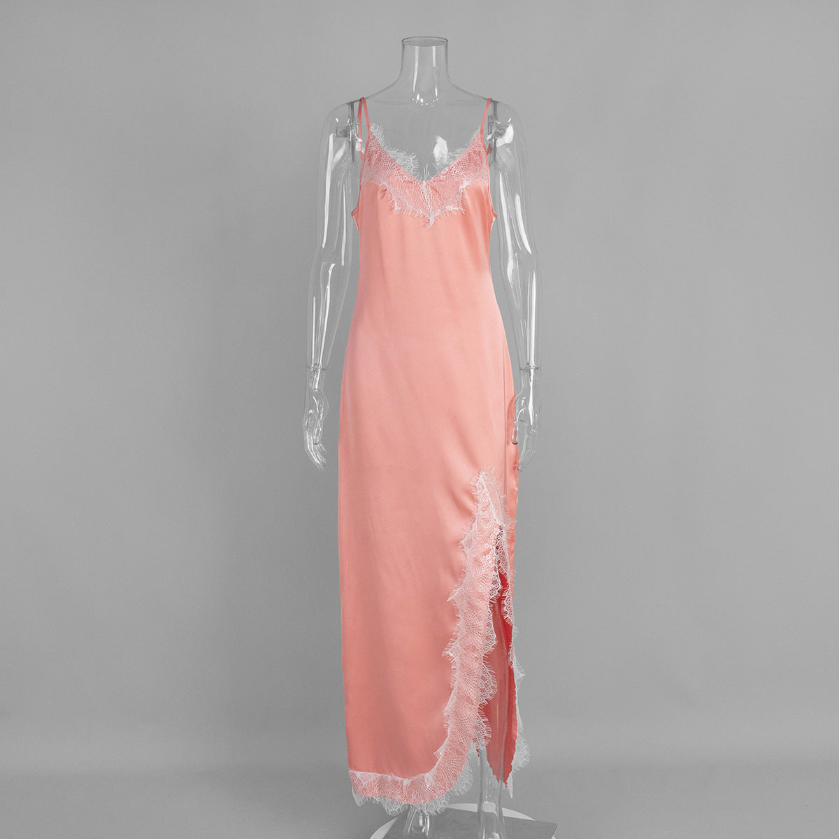 Lace-Trim Satin Maxi Slip Dress in Coral Pink — front view on mannequin