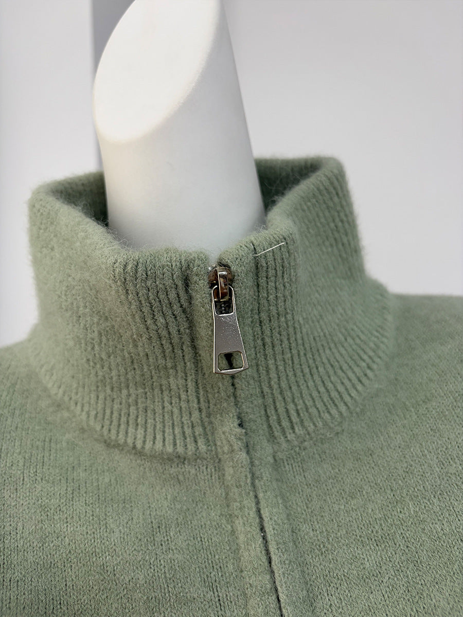 Stand Collar Zip-Up Knit Cardigan & Midi Skirt Set in Sage Green — close-up of the stand collar and zipper