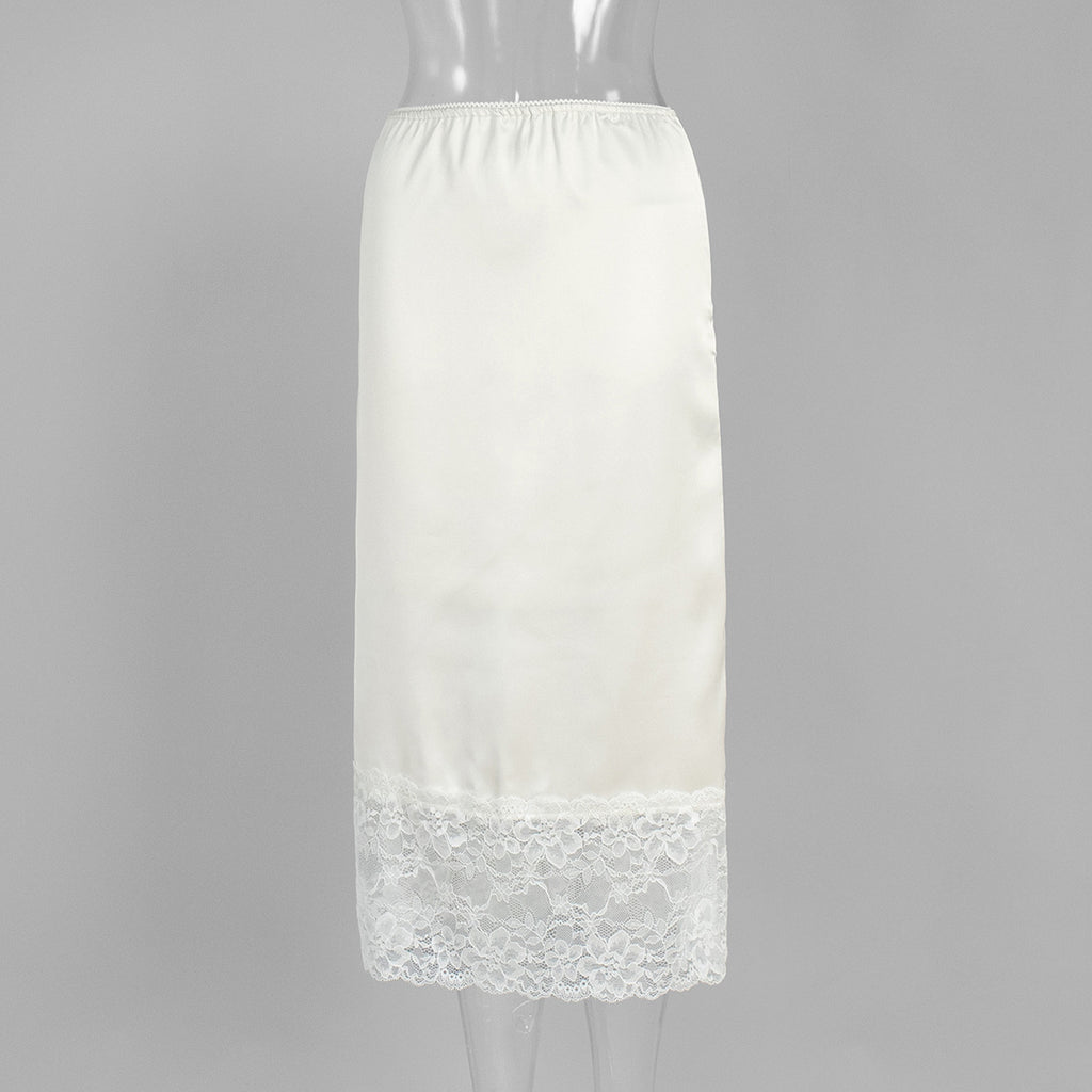 Satin Midi Skirt with Lace Hem in Ivory — front view on mannequin