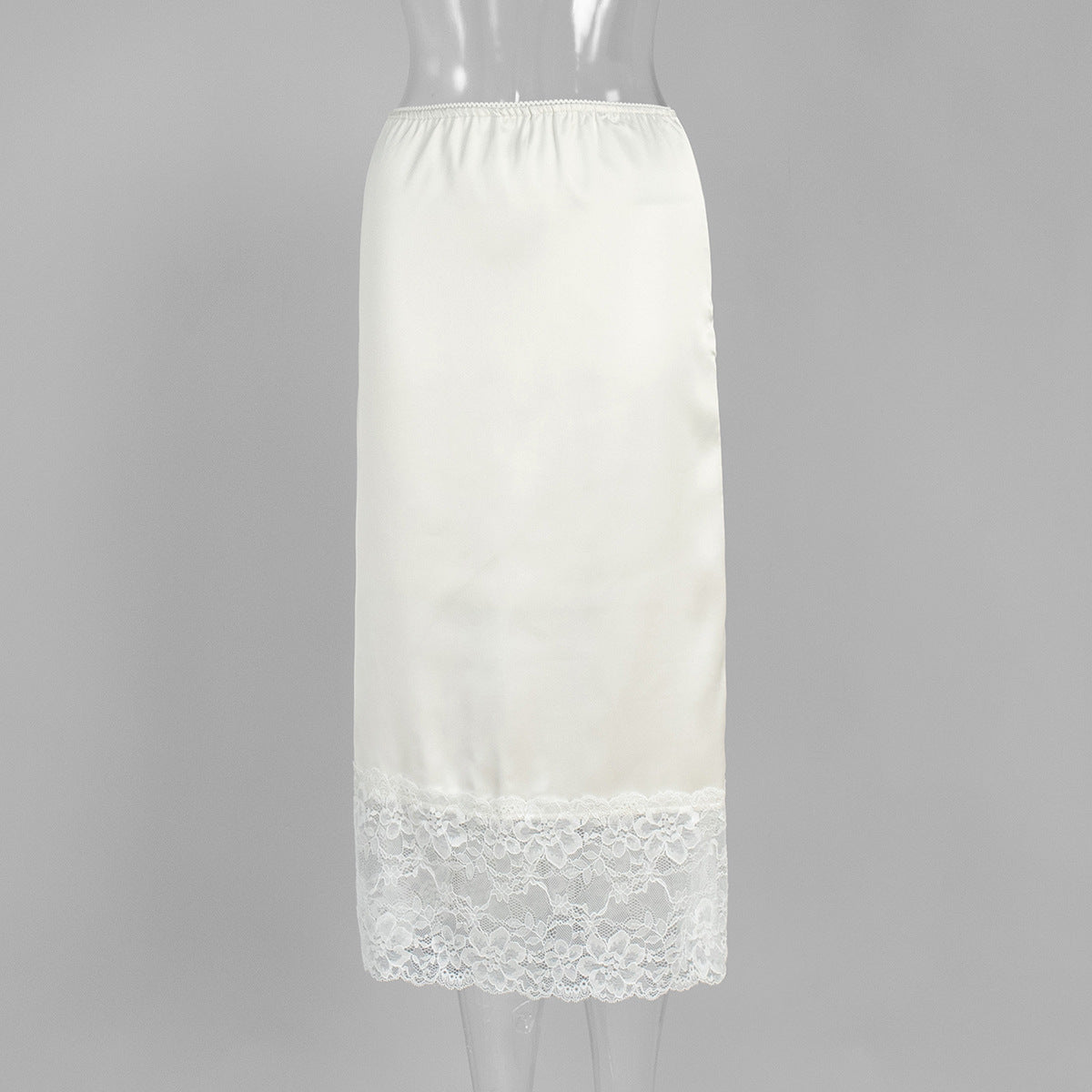 Satin Midi Skirt with Lace Hem in Ivory — front view on mannequin