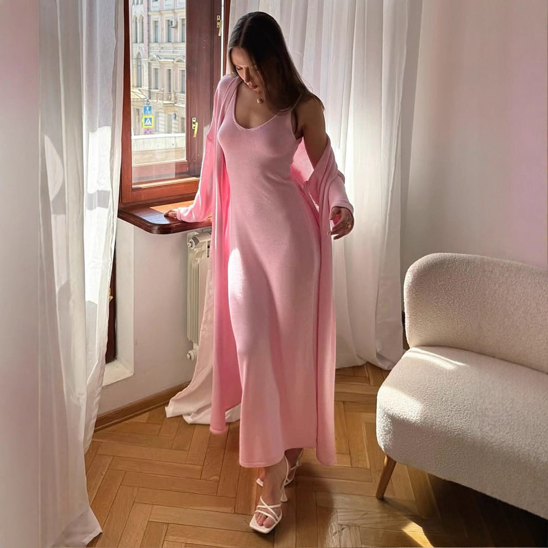 Long Belted Knit Cardigan & Maxi Slip Dress Set in Baby Pink — set worn on model