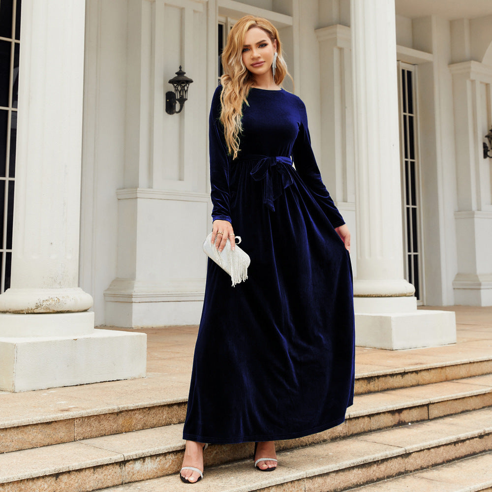 Long-Sleeve Velvet Maxi Dress with Tie Waist in Navy — full-length view on model