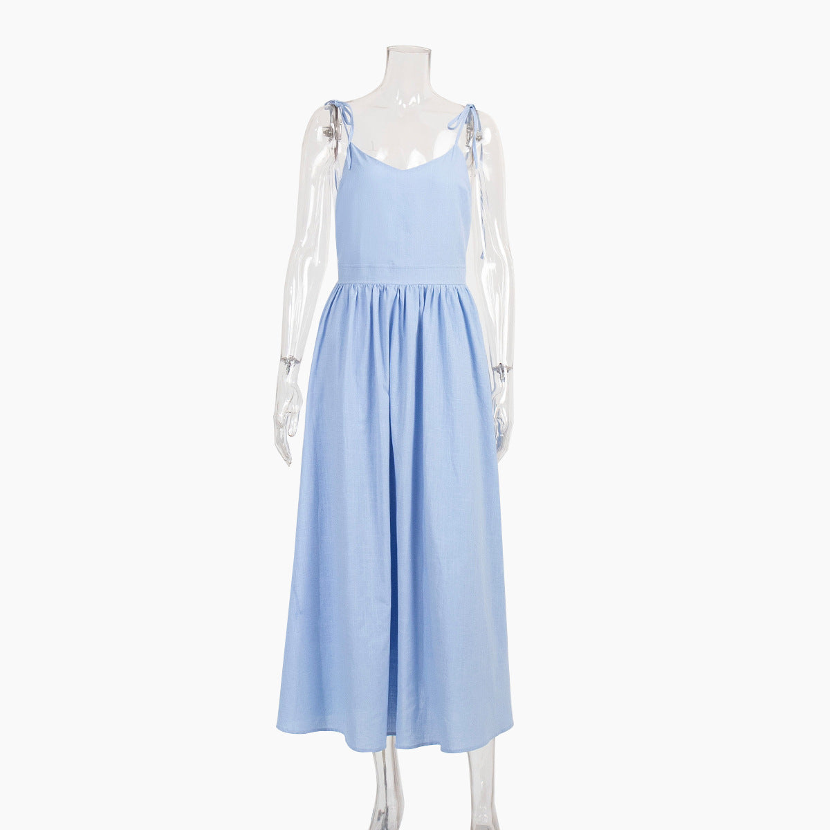 Tie-Shoulder Open-Back Cotton Maxi Dress in Sky Blue — front view on mannequin