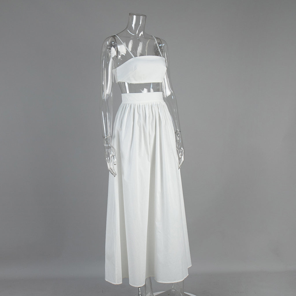 Cotton Crop Camisole & Gathered Maxi Skirt Set in White — three-quarter view on mannequin