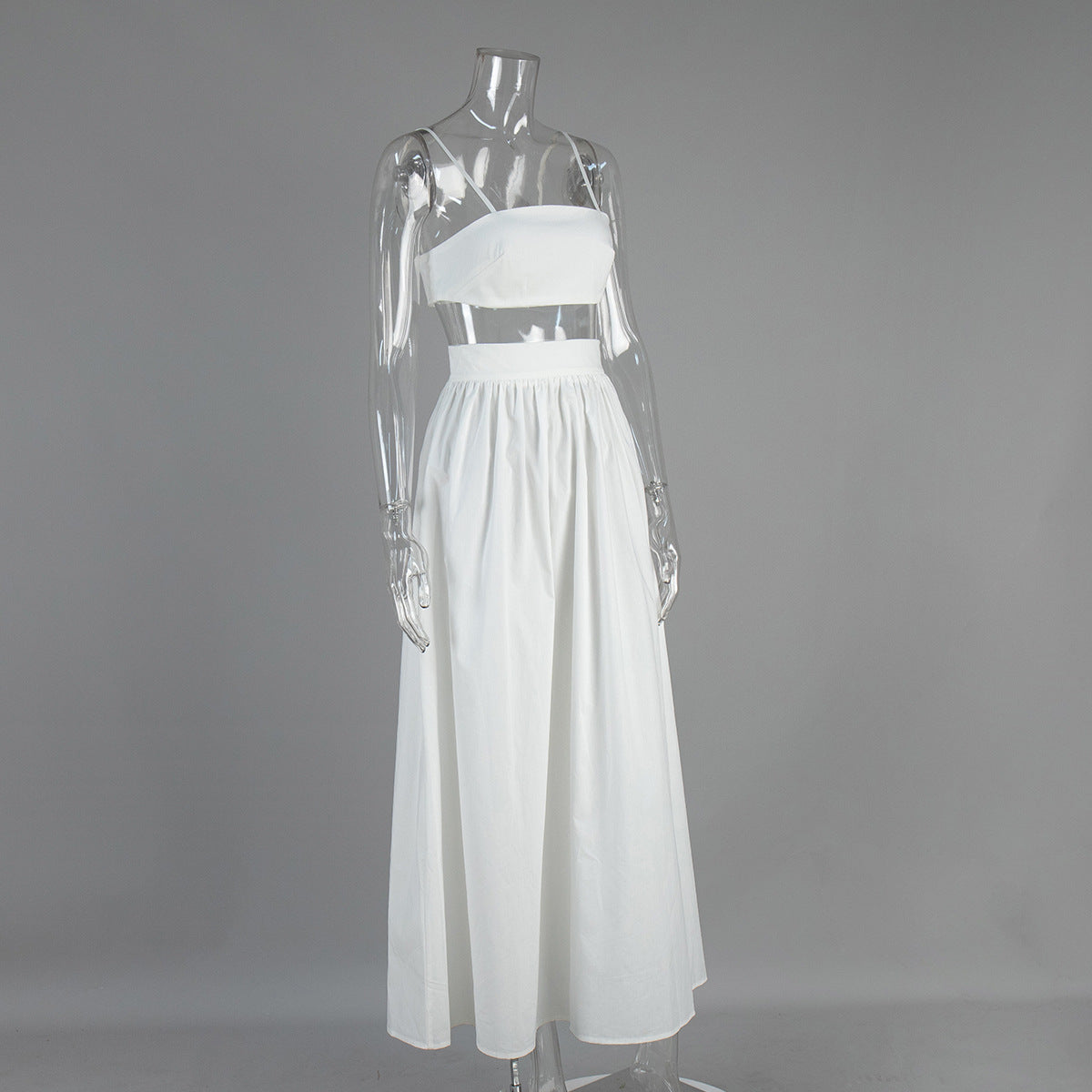Cotton Crop Camisole & Gathered Maxi Skirt Set in White — three-quarter view on mannequin
