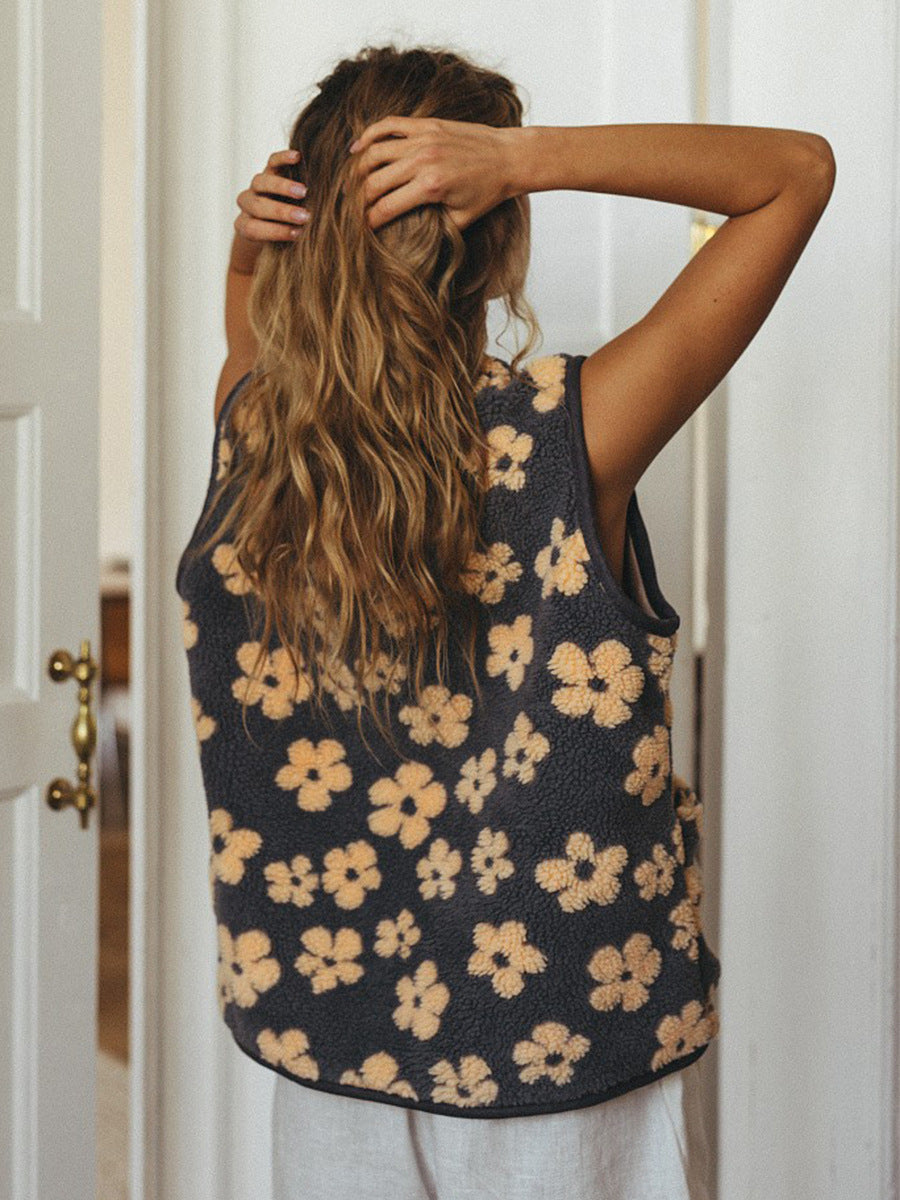 Floral Sherpa Fleece Button Vest with Pockets in Charcoal & Apricot Floral — back view on model