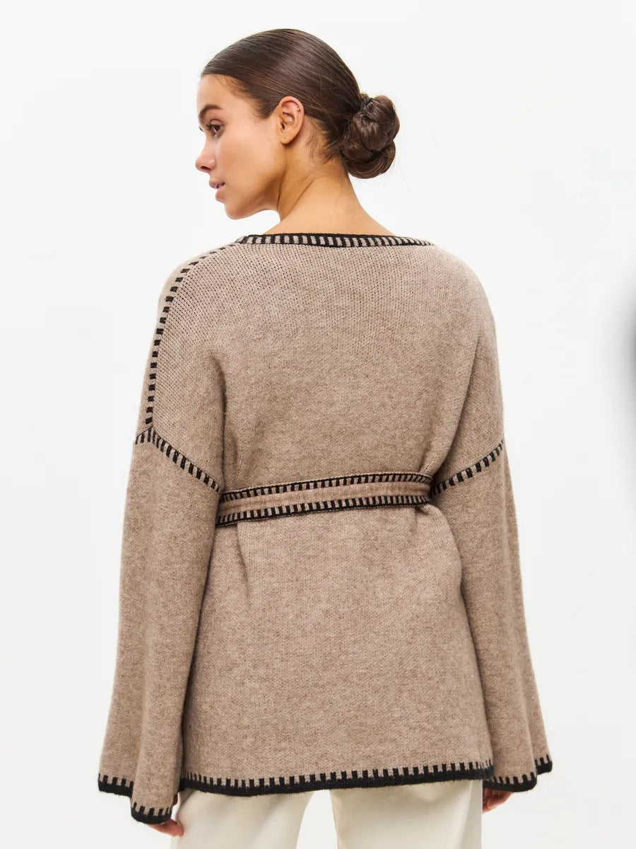 Contrast-Stitch Belted Cardigan in Camel — back view