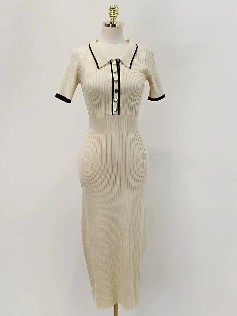 Contrast Collar Short Sleeve Ribbed Midi Dress in Cream — front view on model or garment