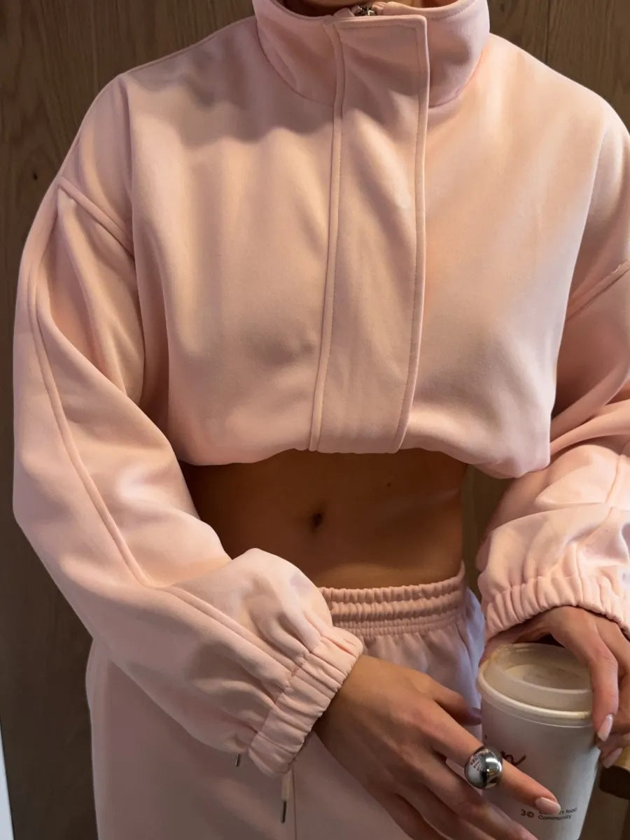 Cotton-Blend Stand-Collar Zip Jacket and Wide-Leg Pants Set in Blush Pink — close-up of the stand collar and gathered cuff