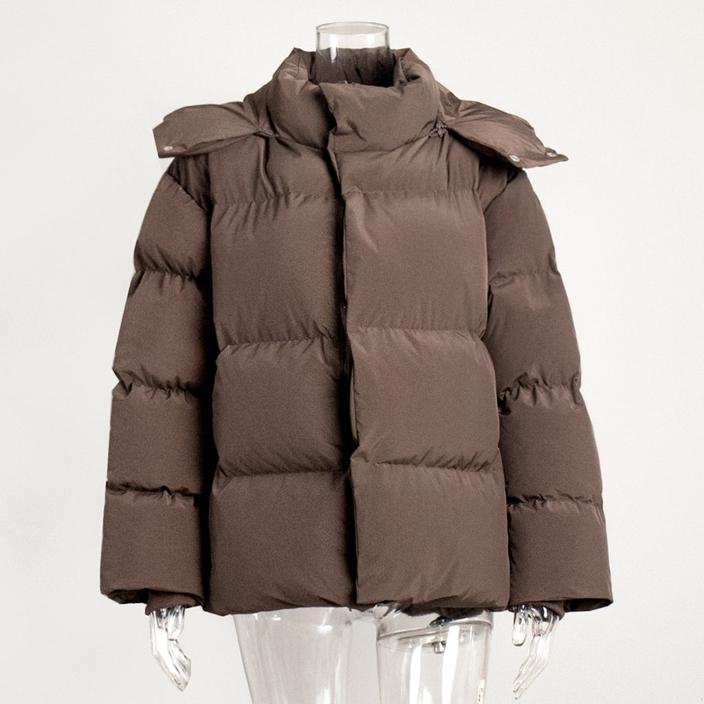 Matte Oversized Hooded Puffer Jacket in Dark Brown — front view
