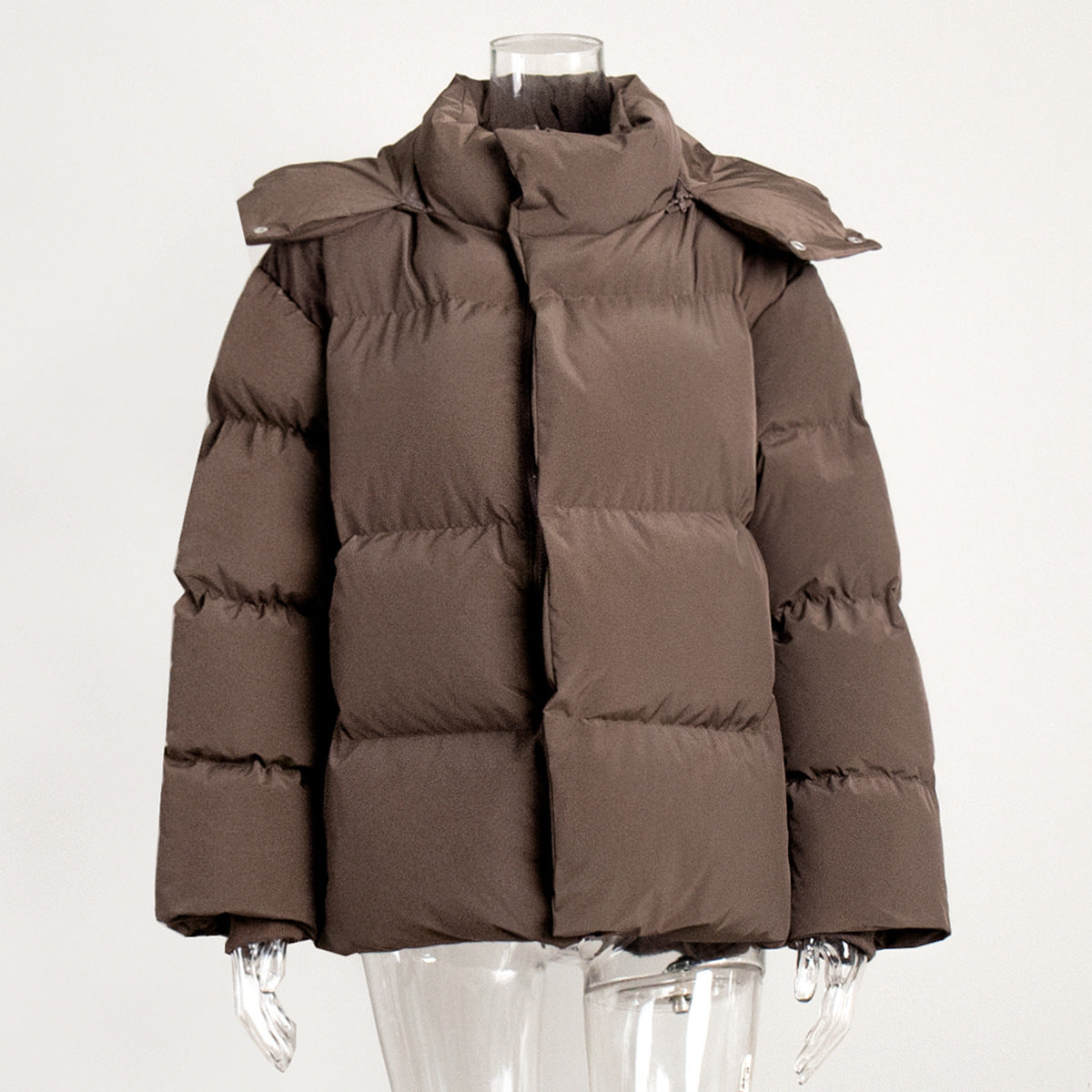 Matte Oversized Hooded Puffer Jacket in Dark Brown — front view