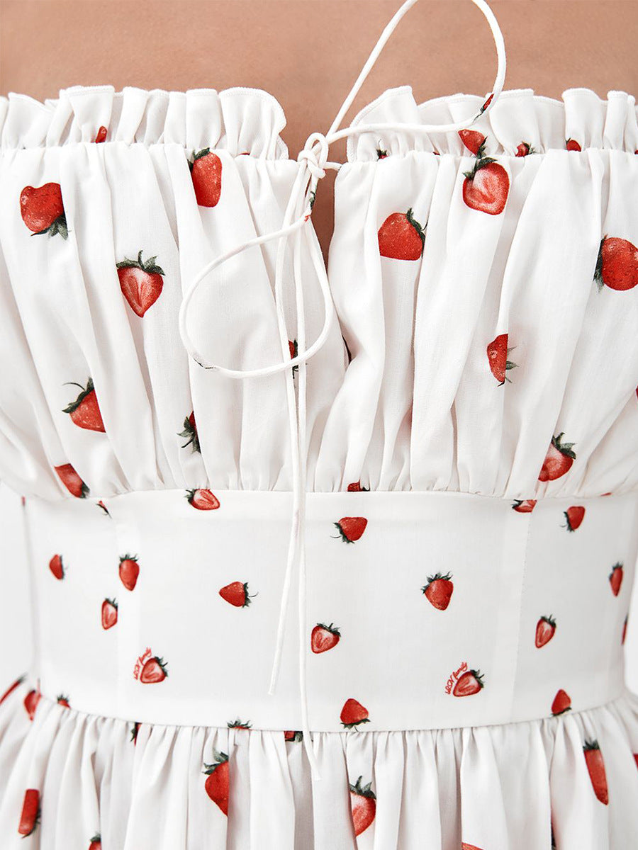 Printed Tie-Strap Maxi Dress with Side Slit in Strawberry Print — close-up of the strawberry print