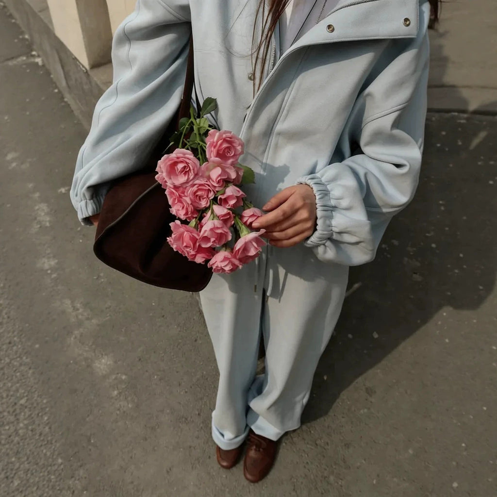 Cotton-Blend Stand-Collar Zip Jacket and Wide-Leg Pants Set in Powder Blue — close view on model