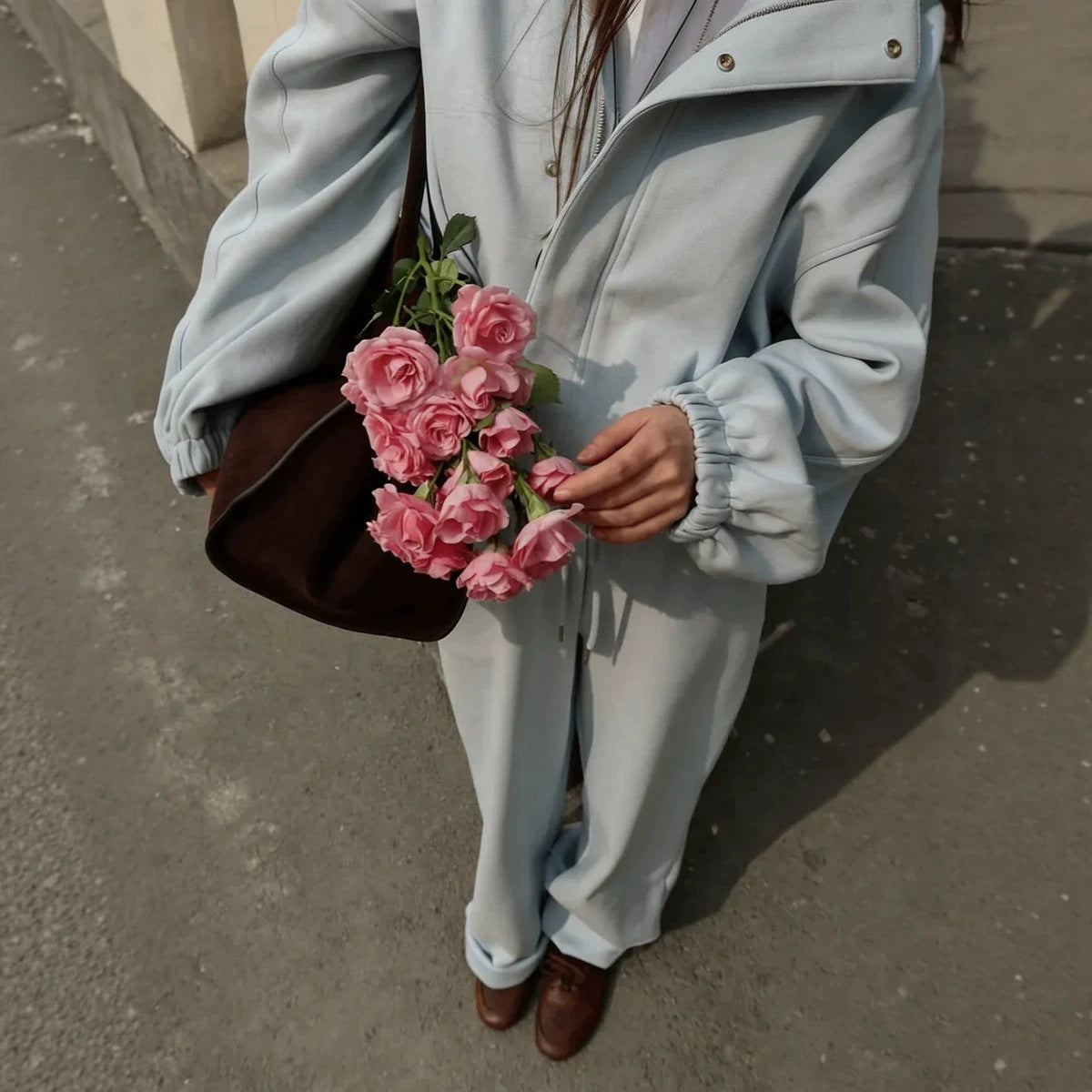 Cotton-Blend Stand-Collar Zip Jacket and Wide-Leg Pants Set in Powder Blue — close view on model