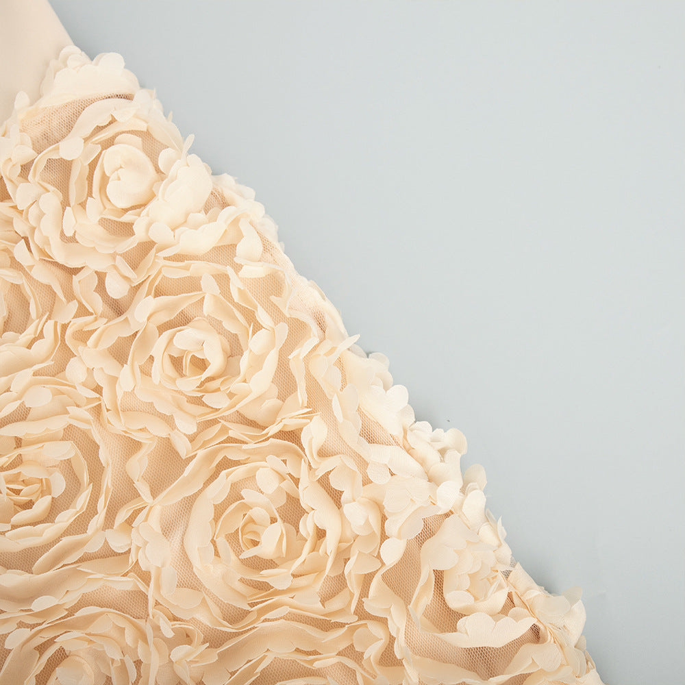 3D Rose Petal A-Line Maxi Skirt in Champagne — close-up of the rose petals