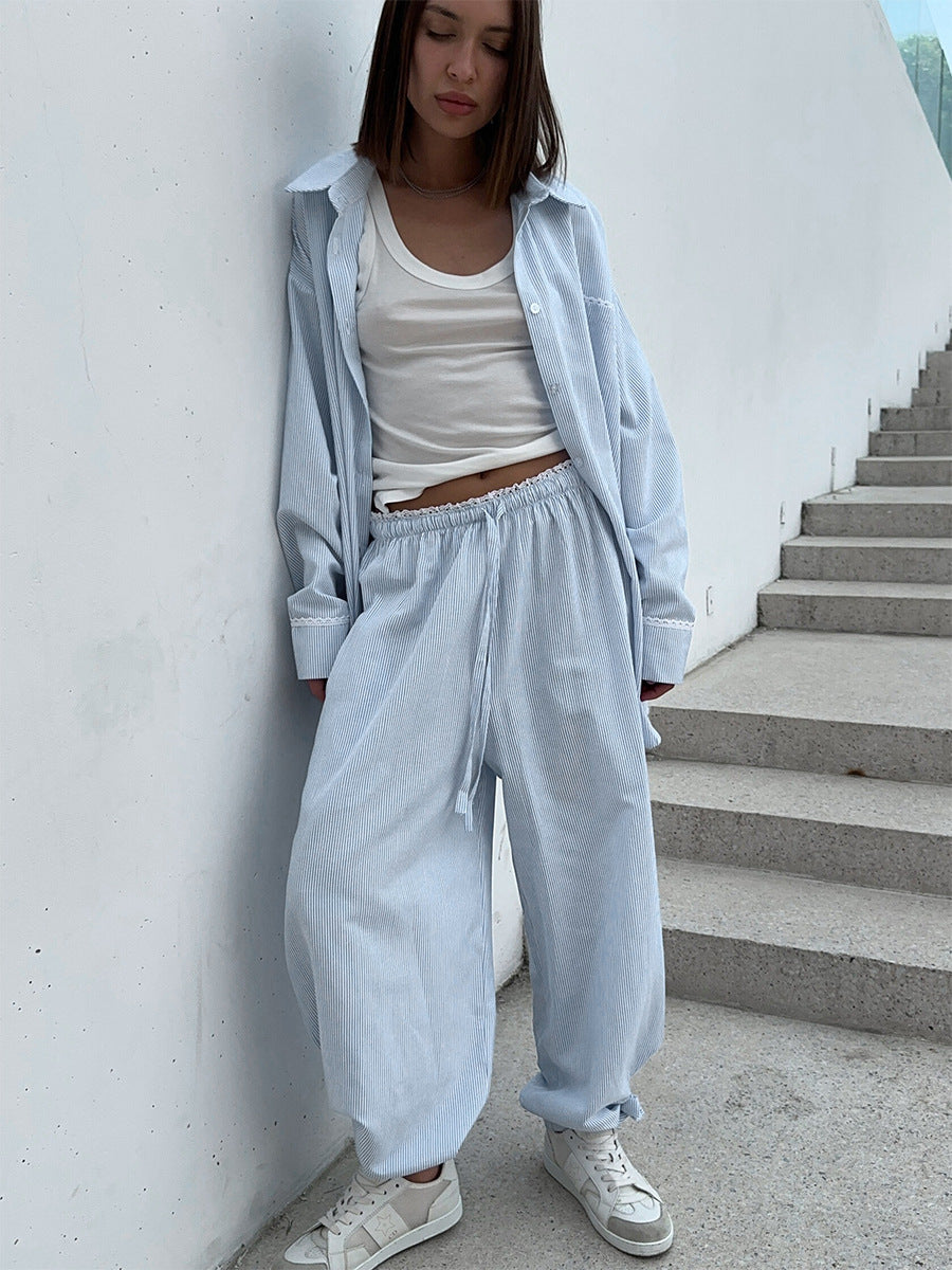 Pinstripe Cotton Shirt & Wide-Leg Pants Set in Light Blue — on model