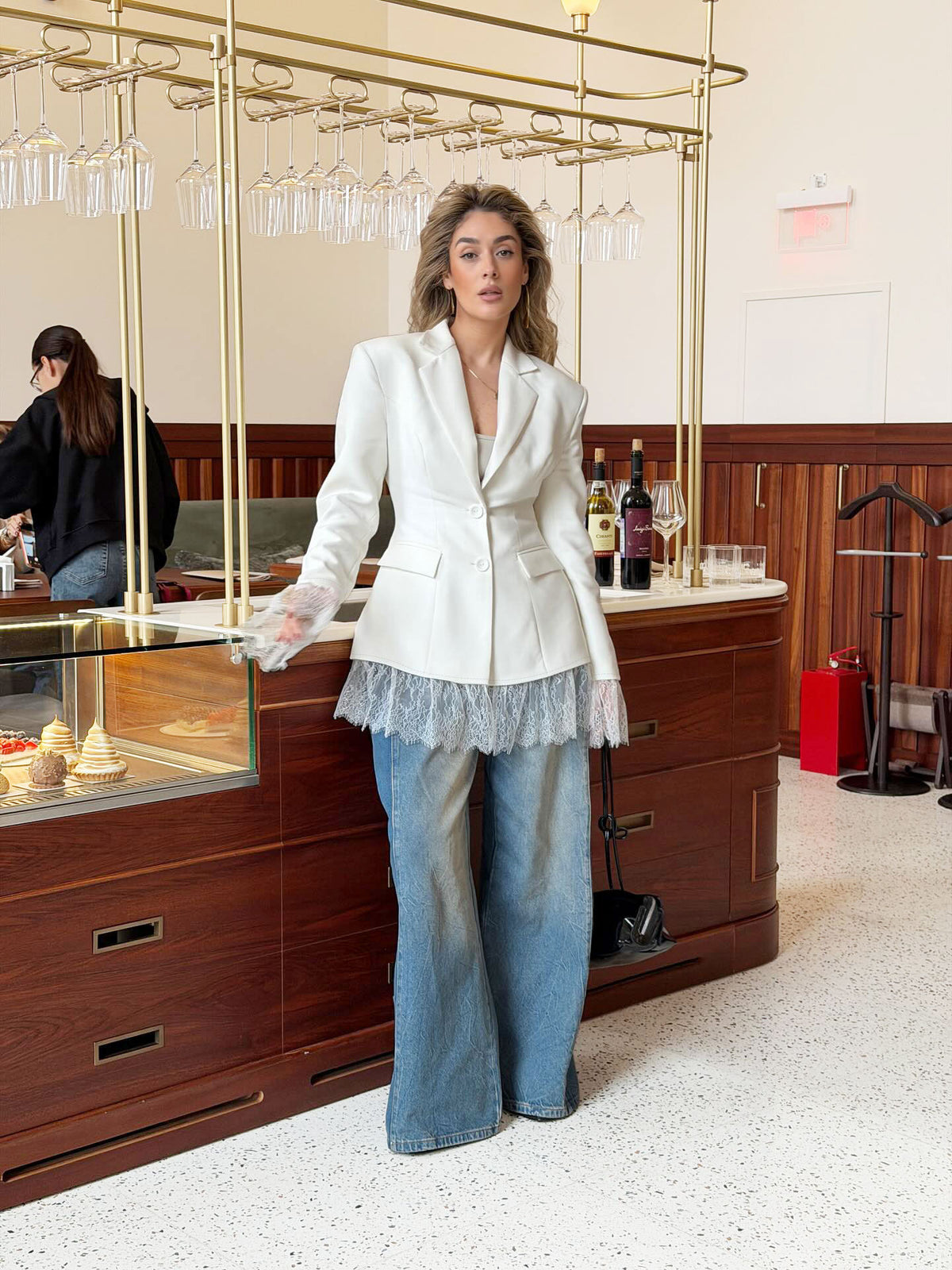 Fitted Blazer with Lace-Trimmed Hem and Cuffs in White — full-length view on model