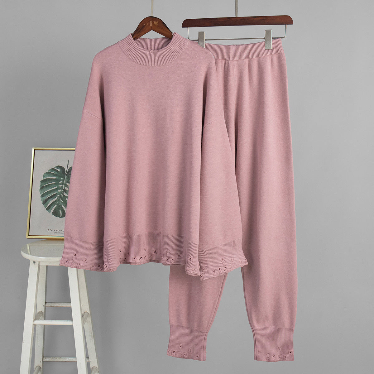 Distressed-Hem Oversized Knit Sweater & Jogger Set in Dusty Rose — set front view