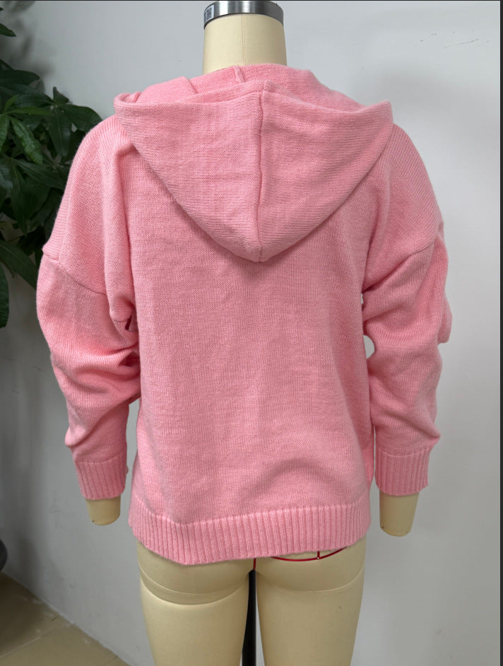 Zip-Up Knit Hoodie Cardigan in Pink — back view on a dress form