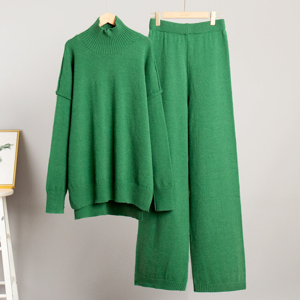Oversized Turtleneck Sweater & Wide-Leg Knit Pants Set in Green — set on hanger