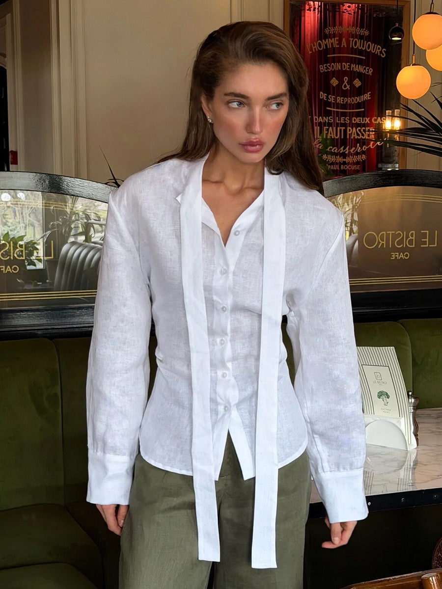 Cotton Tie-Neck Shirt with Lace-Up Back in White — front view