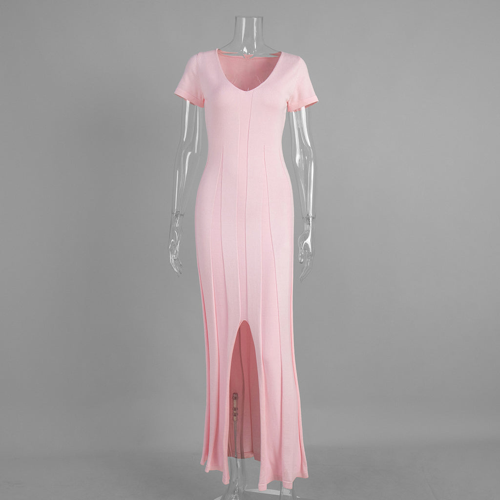 Rib-Knit V-Neck Maxi Dress with Side Slit in Soft Pink — front view on mannequin