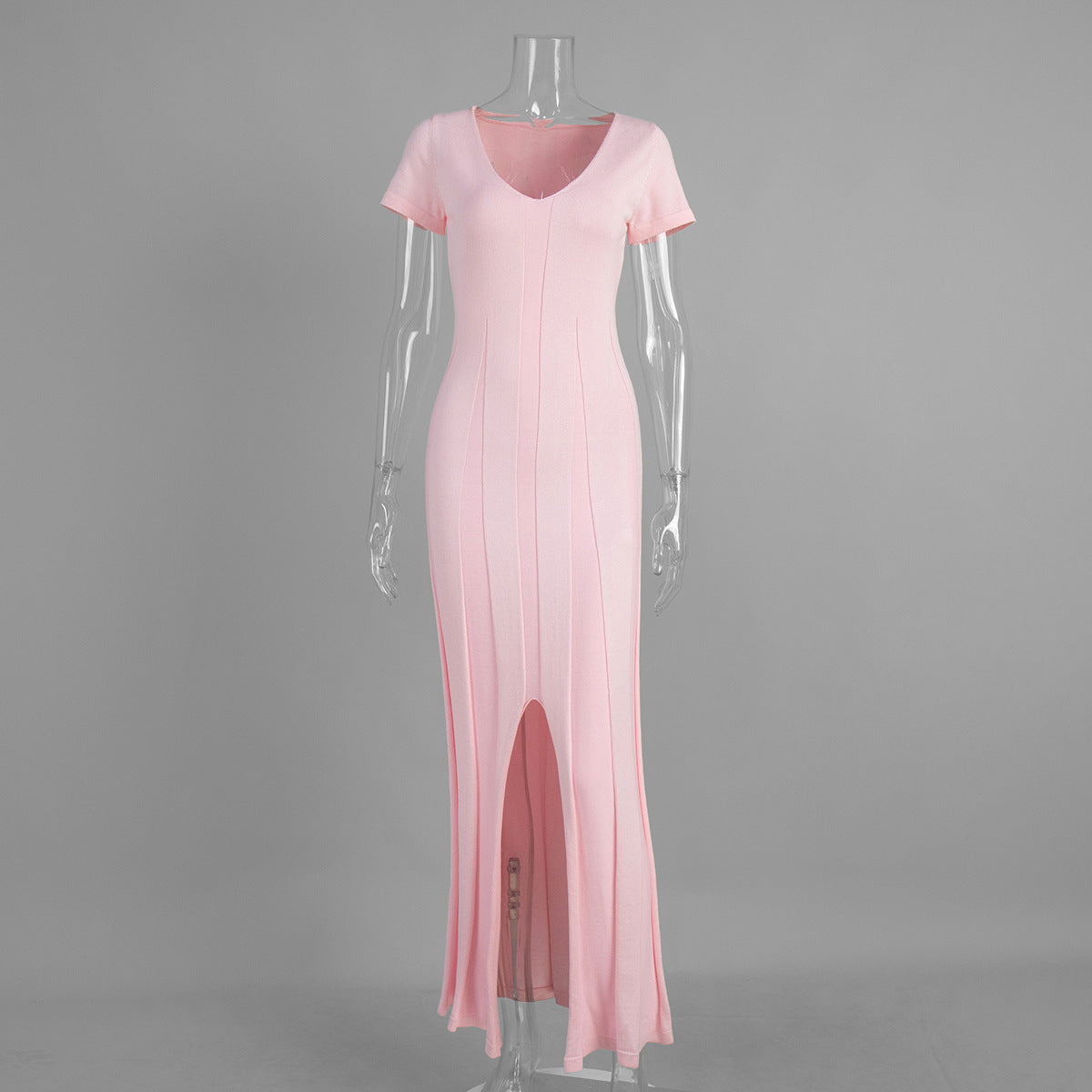 Rib-Knit V-Neck Maxi Dress with Side Slit in Soft Pink — front view on mannequin