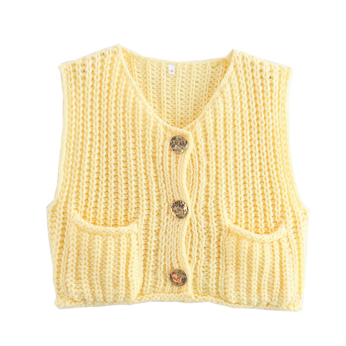 Gold-Button Chunky Knit Vest in Yellow — flat front view