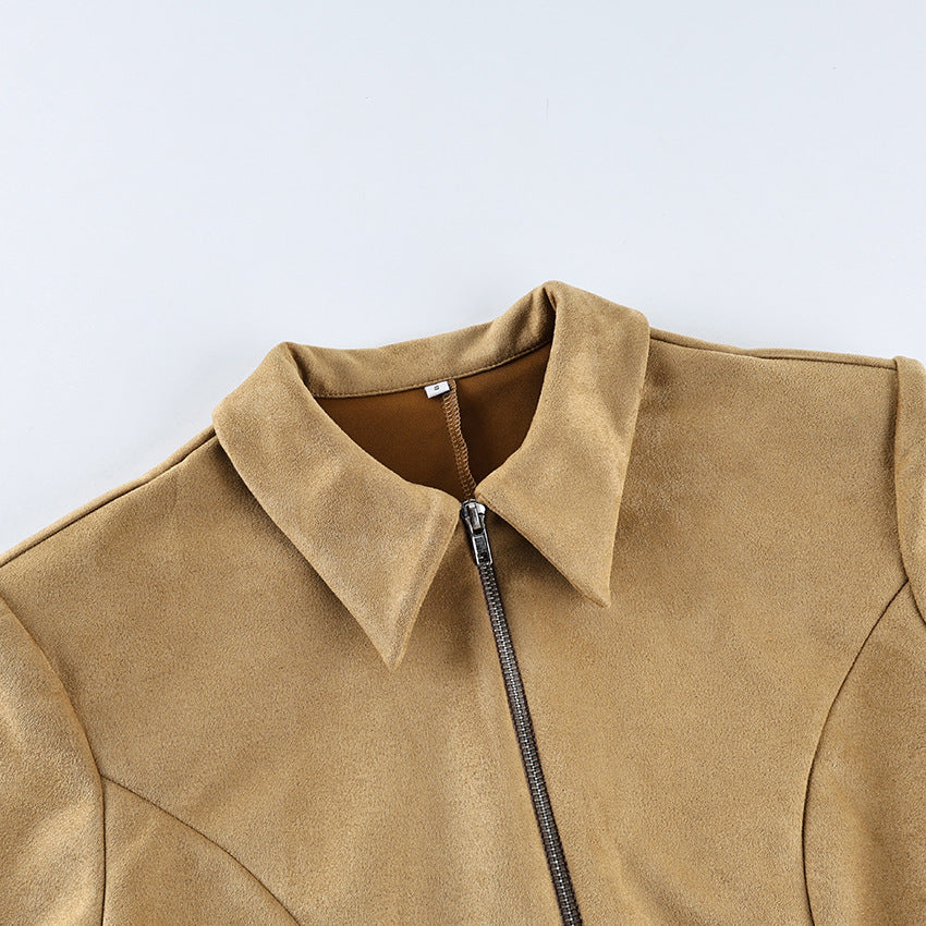 Fitted Faux Suede Zip Jacket with Peplum Hem in Camel — close-up of the collar and zip