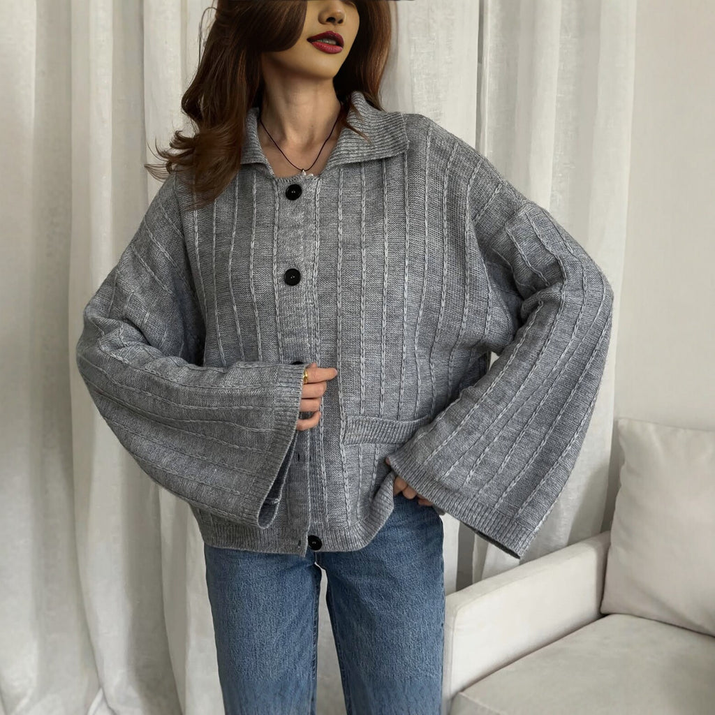 Oversized Collared Button Cardigan with Bell Sleeves in Heather Gray — front view on model with jeans