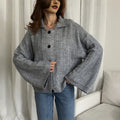 Oversized Collared Button Cardigan with Bell Sleeves in Heather Gray — front view on model with jeans