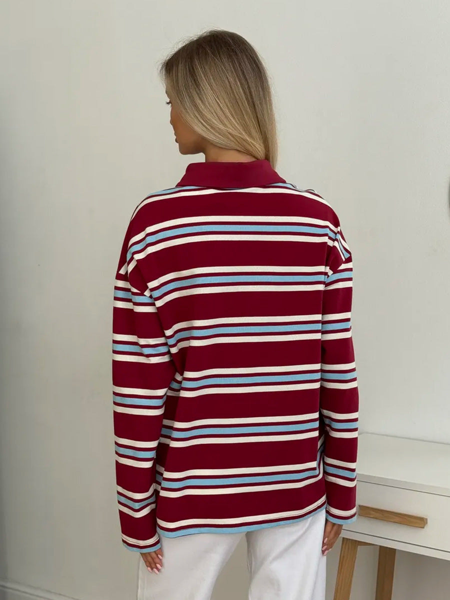 Relaxed Striped Long Sleeve Polo Shirt in Red Stripe — back view on model