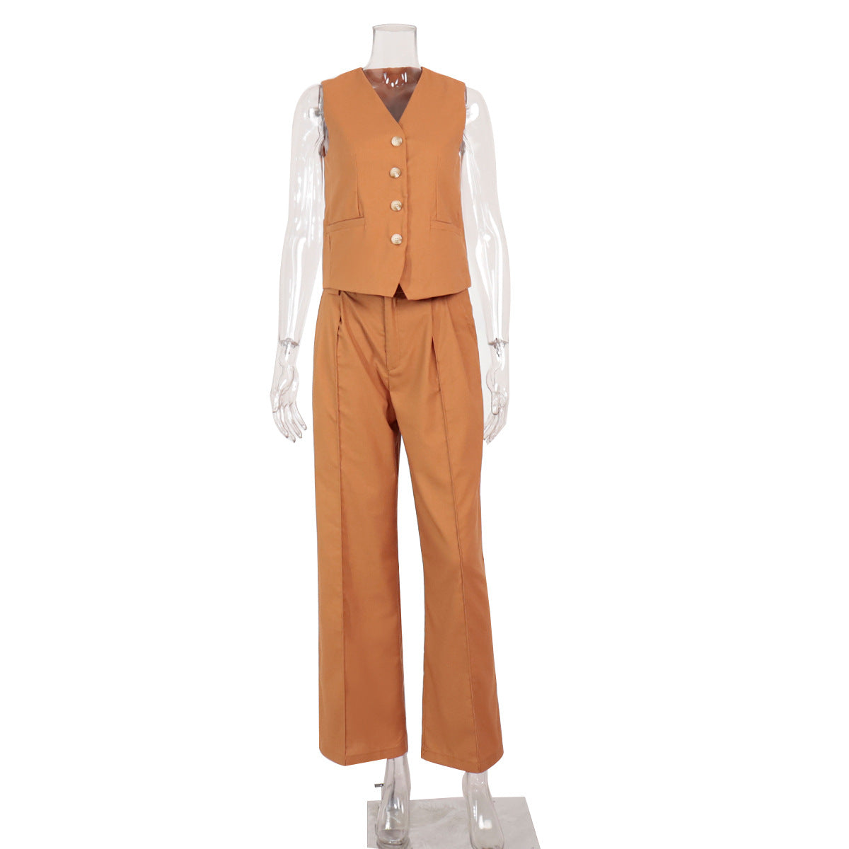 Linen-Blend Vest & Wide-Leg Pants Set in Burnt Orange — front view on mannequin