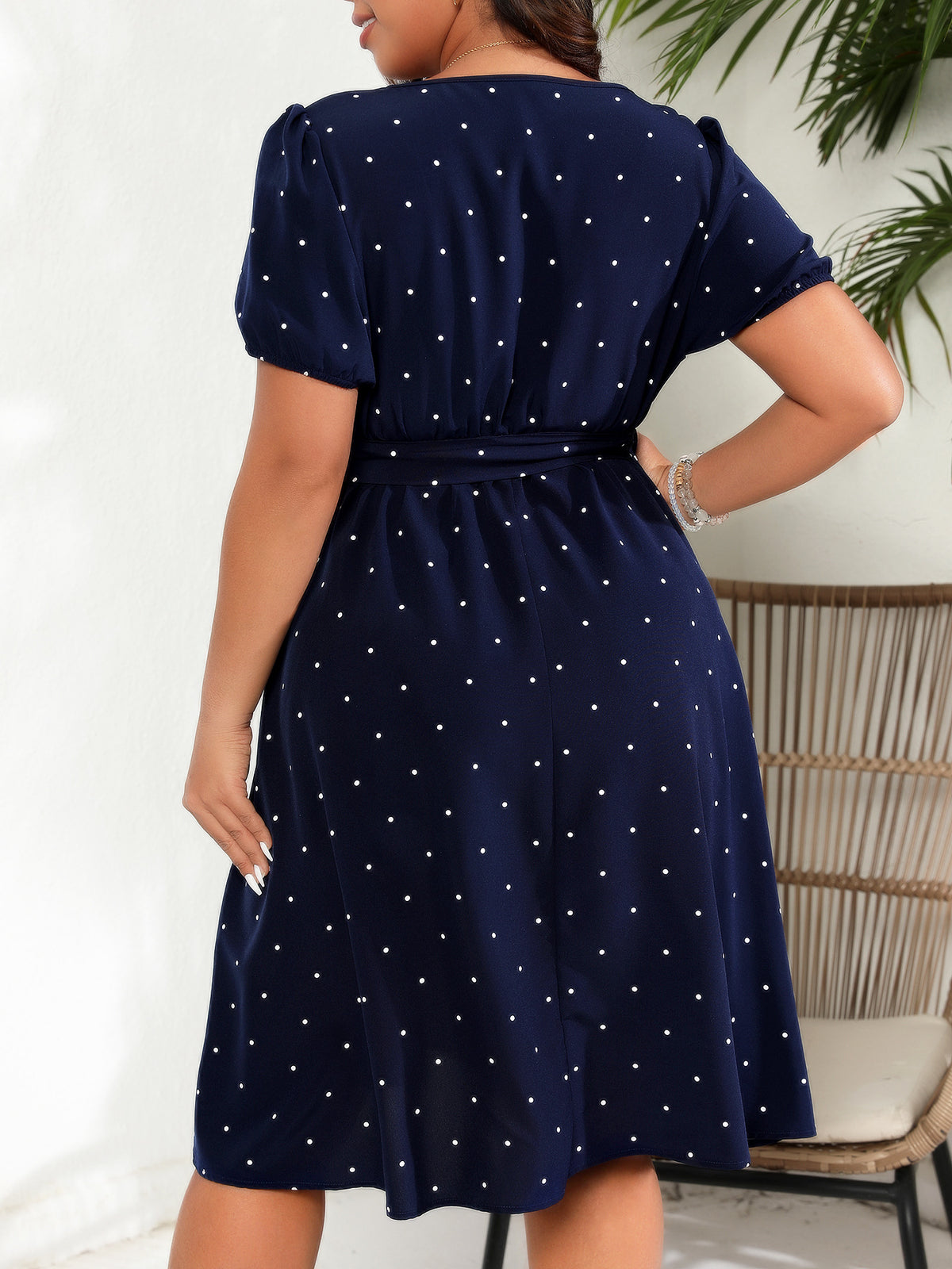 Plus-Size Polka Dot Square-Neck Midi Dress with Tie Waist in Navy — back view on model