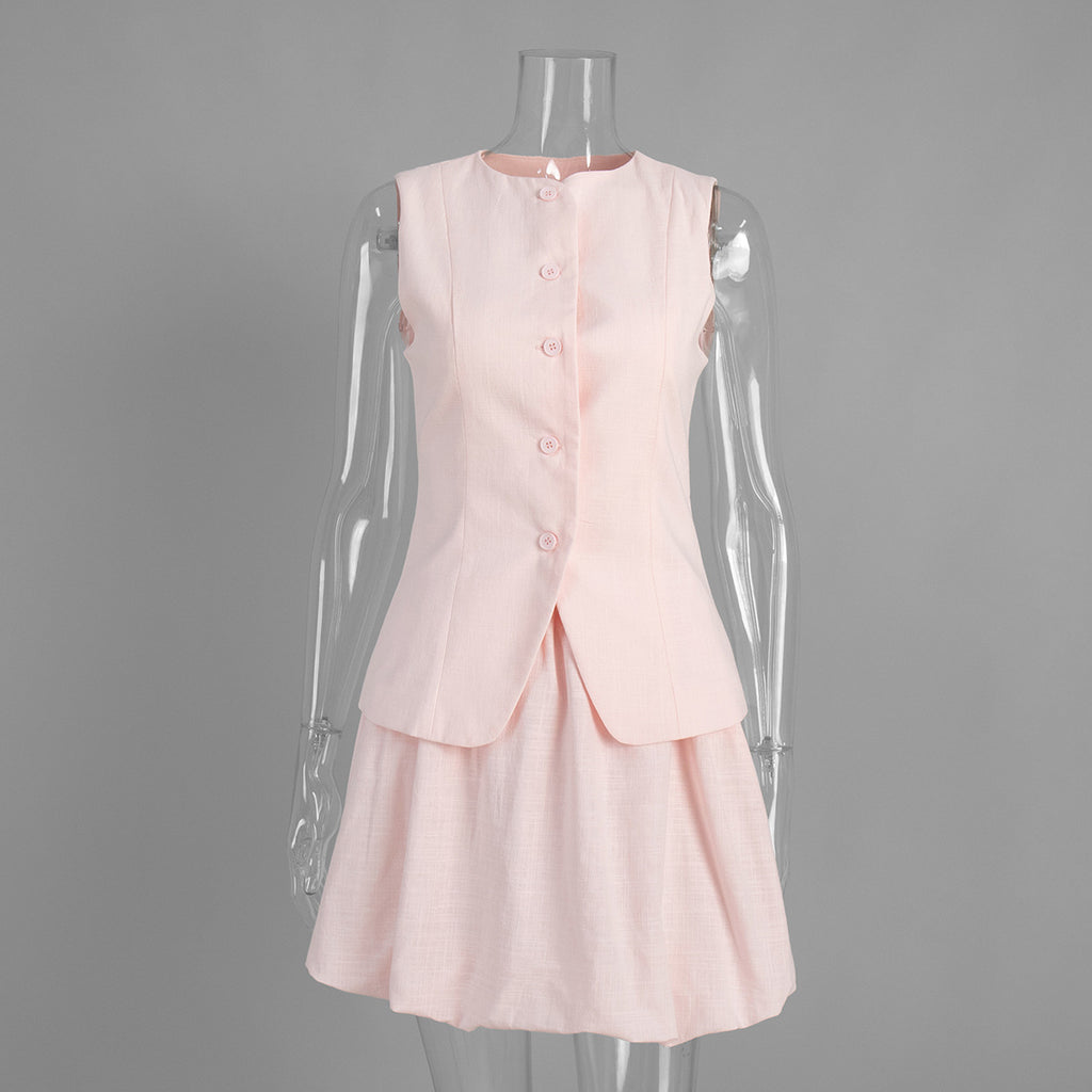 Cotton Peplum Vest & Bubble Mini Skirt Set in Soft Pink — set on mannequin