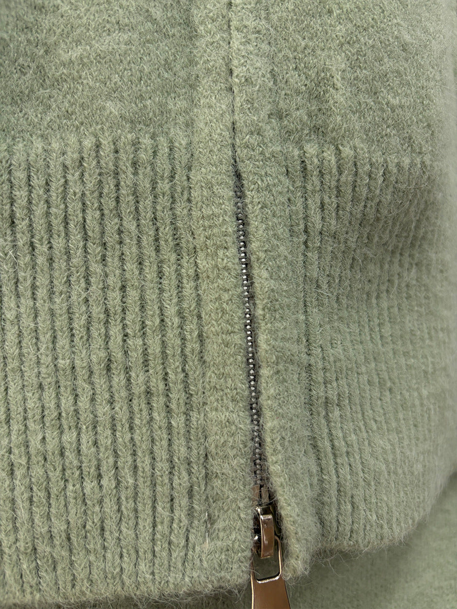 Stand Collar Zip-Up Knit Cardigan & Midi Skirt Set in Sage Green — close-up of the two-way zipper
