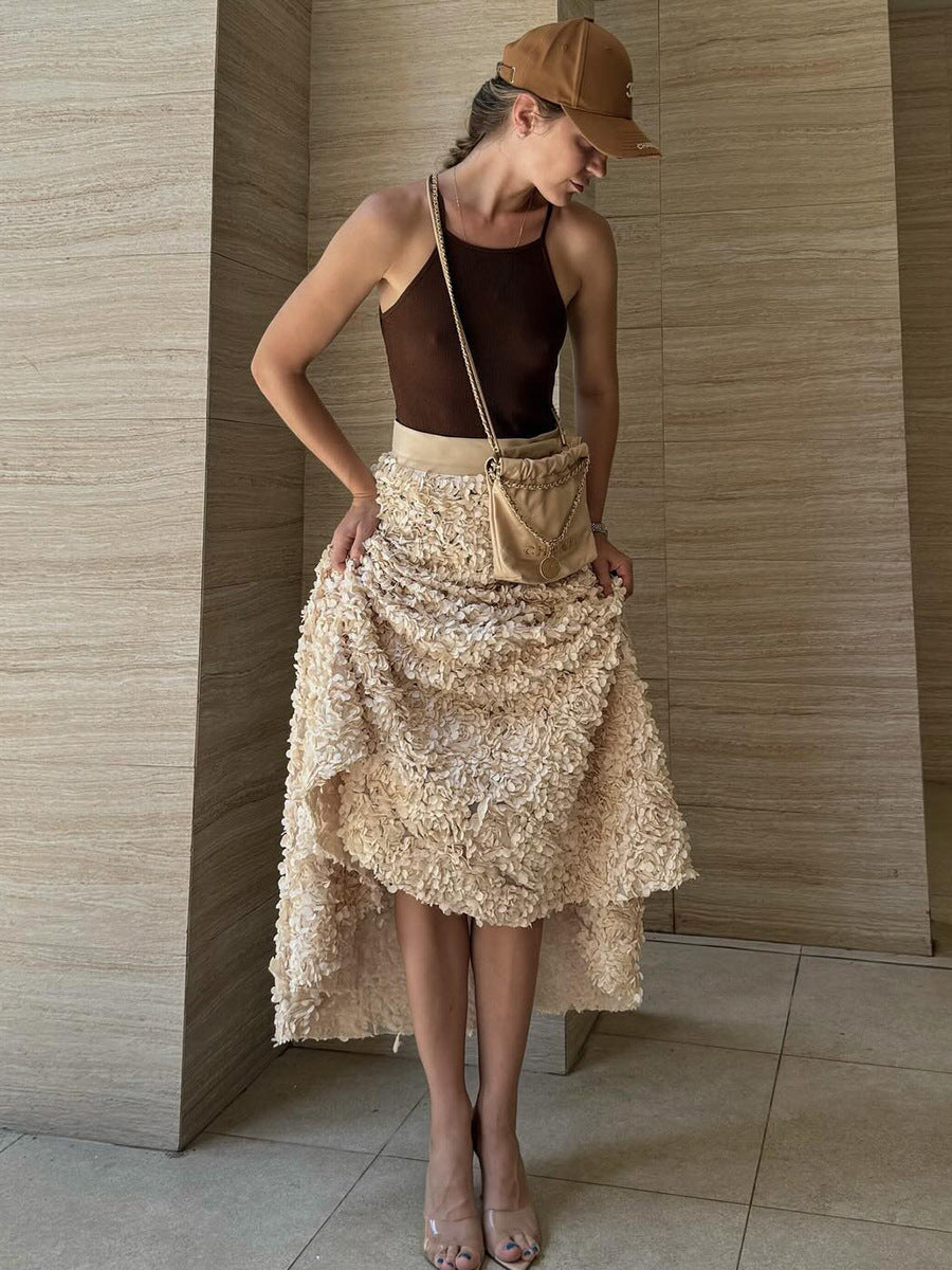3D Rose Petal A-Line Maxi Skirt in Champagne — worn with a brown tank top