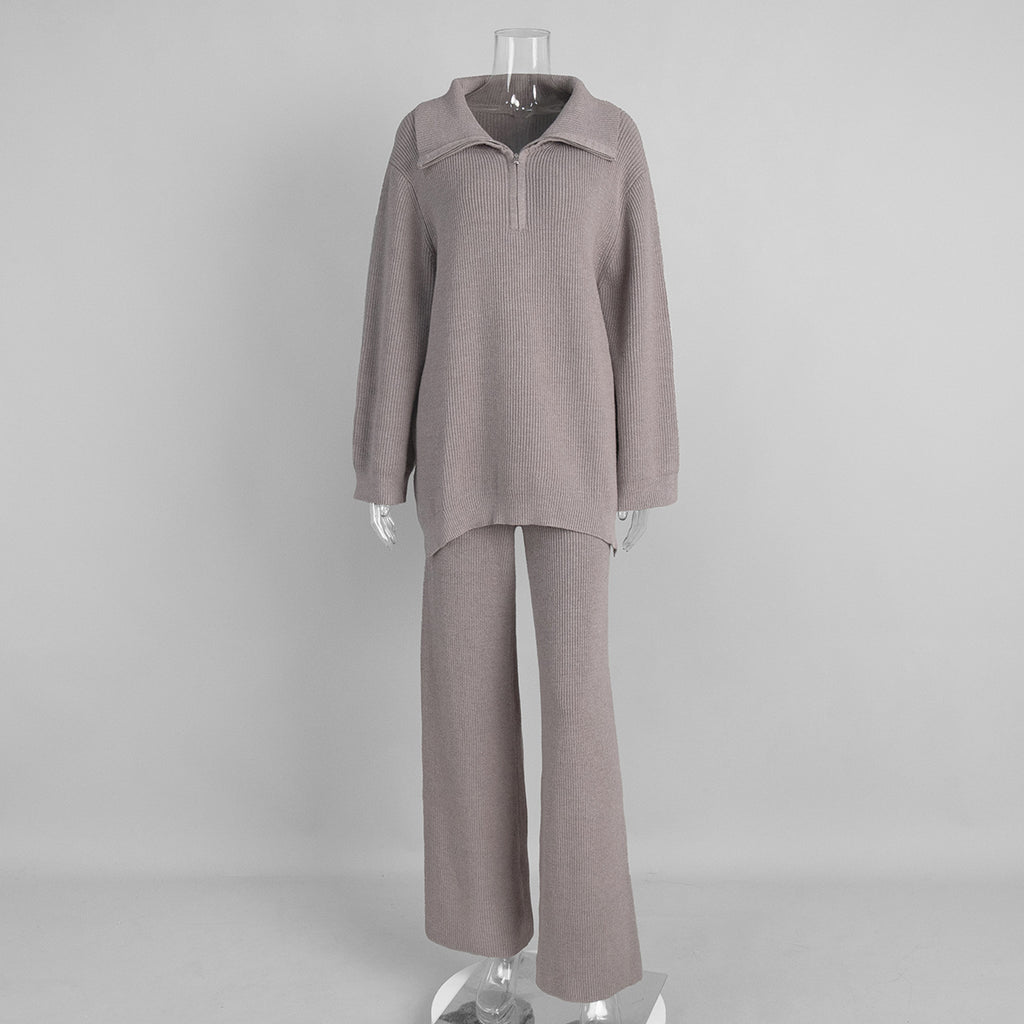 Half-Zip Polo Knit Sweater & Wide-Leg Pants Set in Taupe — set front view