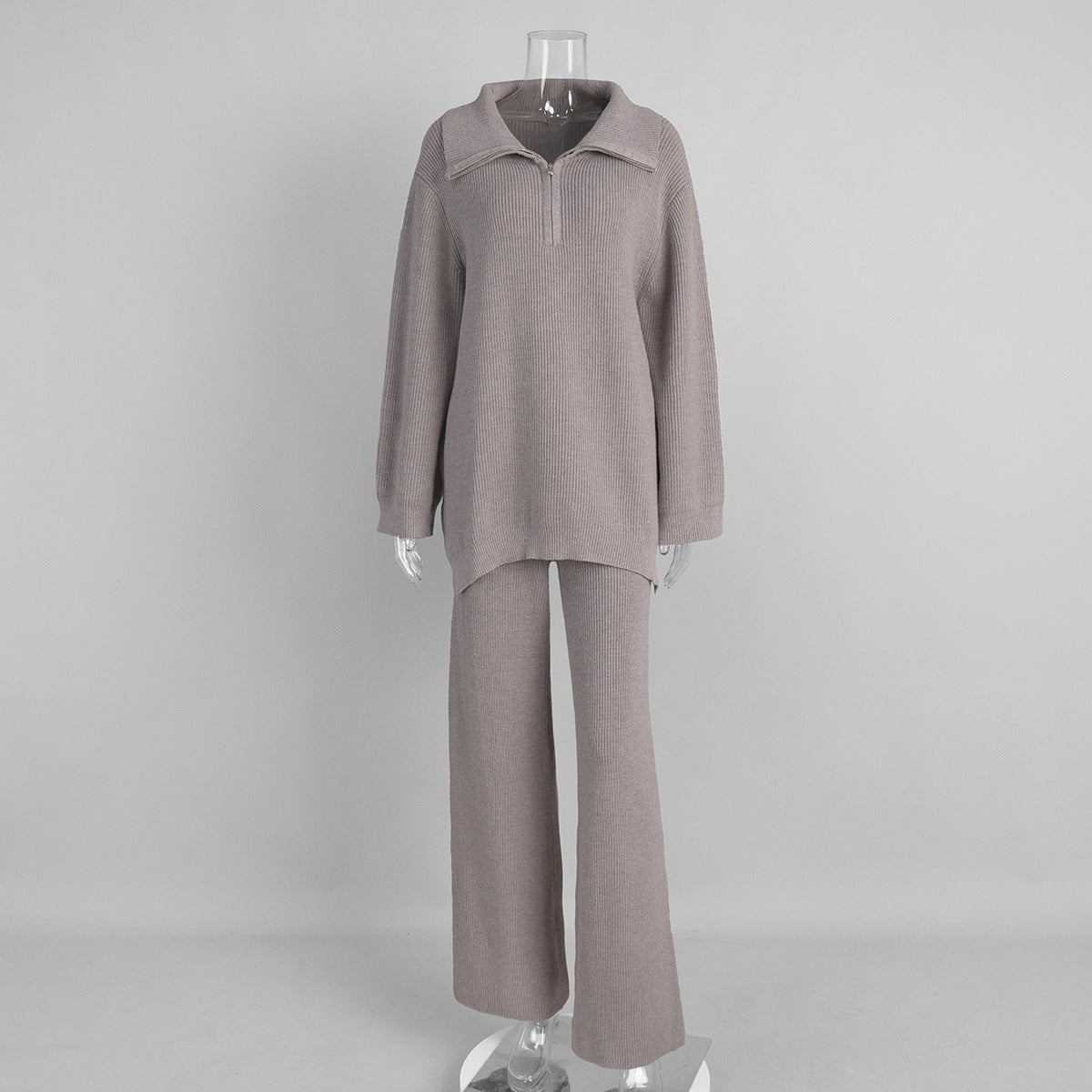 Half-Zip Polo Knit Sweater & Wide-Leg Pants Set in Taupe — set front view