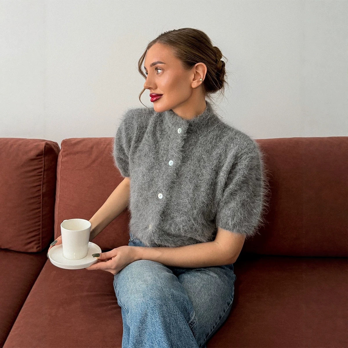 Fuzzy Knit Short Sleeve Cardigan with Mock Neck in Heather Gray — on model with wide-leg jeans