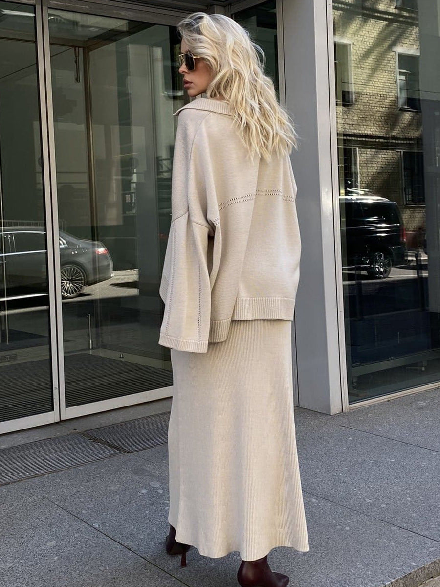Oversized Collared V-Neck Sweater & Knit Maxi Skirt Set in Oat — back view on model