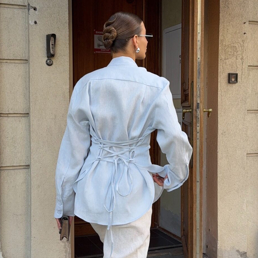 Cotton Tie-Neck Shirt with Lace-Up Back in Light Blue — back view showing lace-up detail